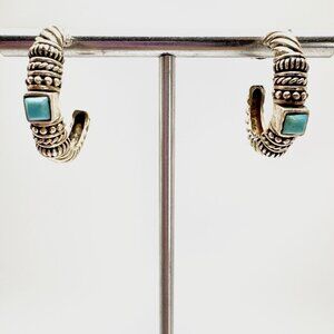 Turquoise Half Hoop Earrings VTG Solid Sterling Silver 925 Size 1" Length